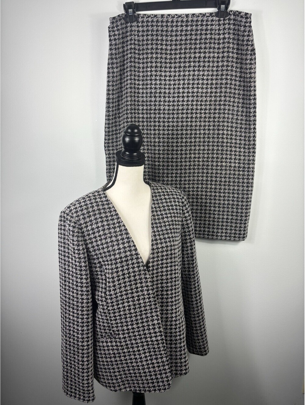 Preston & York Houndstooth 2-Piece Skirt Suit Sz 16 Open Front Blazer - Picture 1 of 9